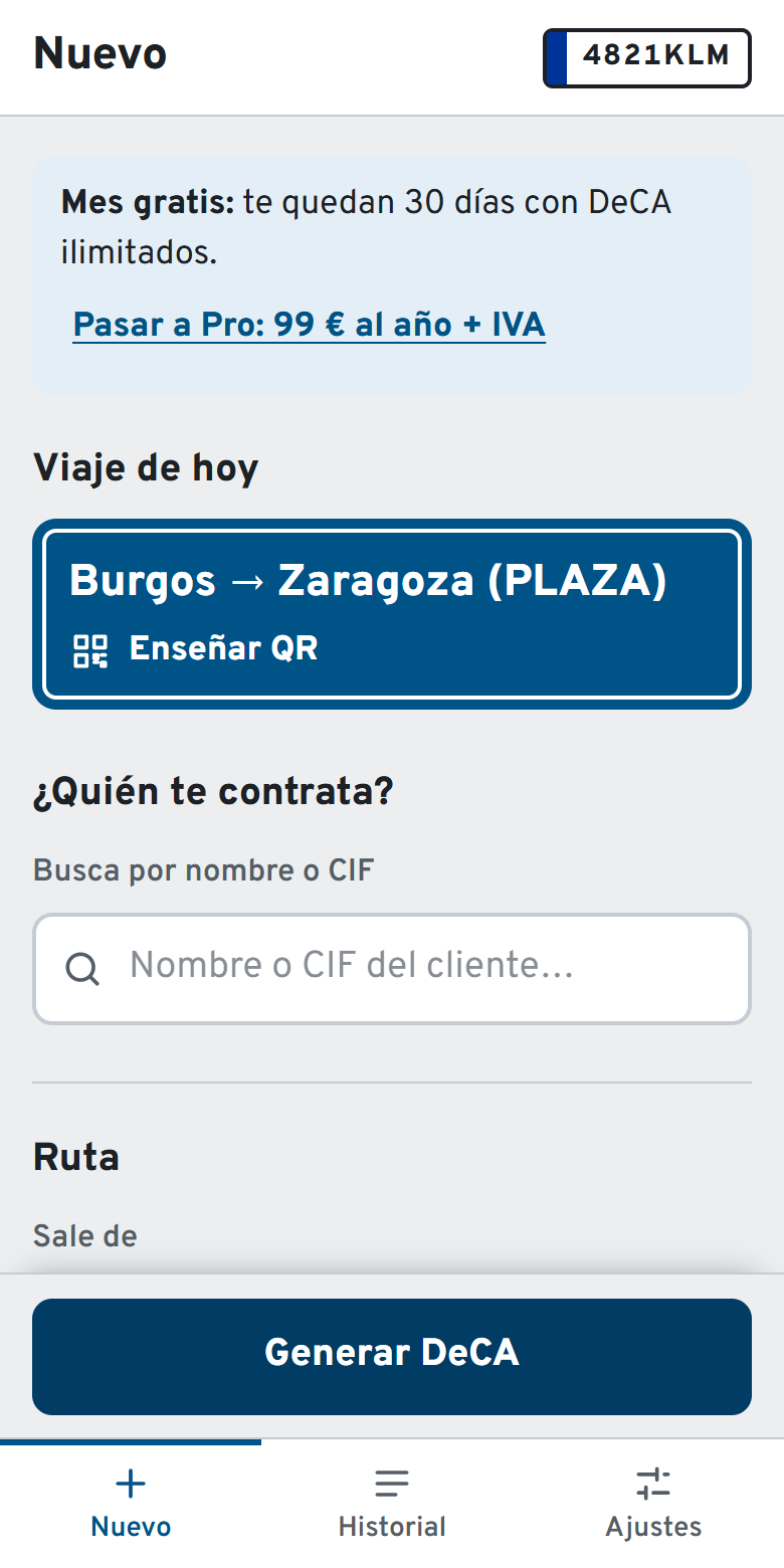 Pantalla de la app con el botón Viaje de hoy para enseñar el QR
