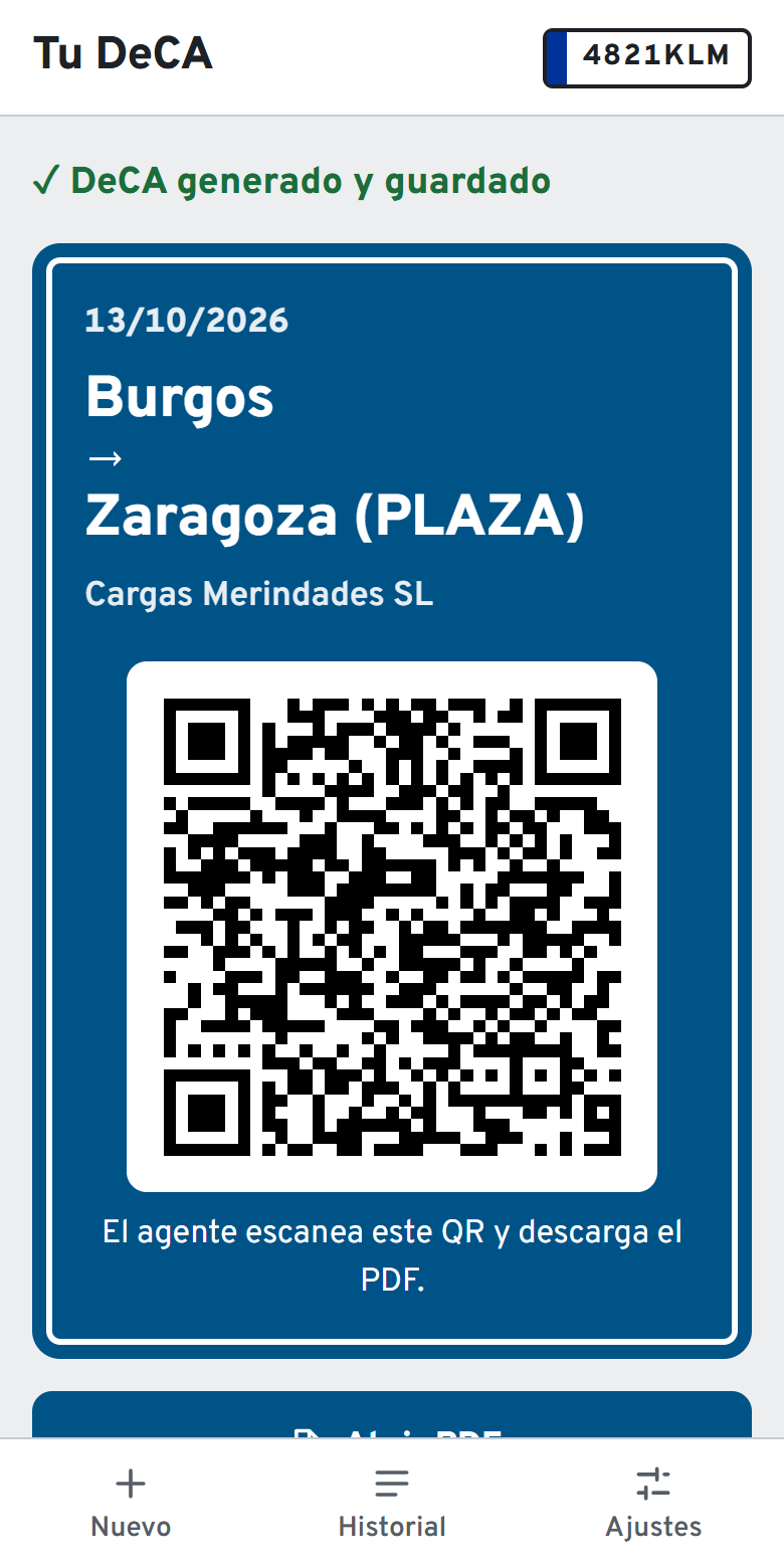 La app DeCAviaje mostrando el DeCA de un viaje de Burgos a Zaragoza con su código QR