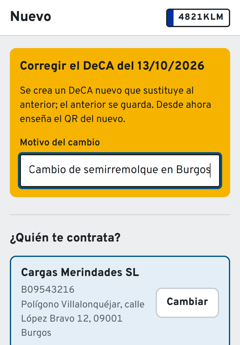 Pantalla de corrección de un DeCA con el motivo del cambio