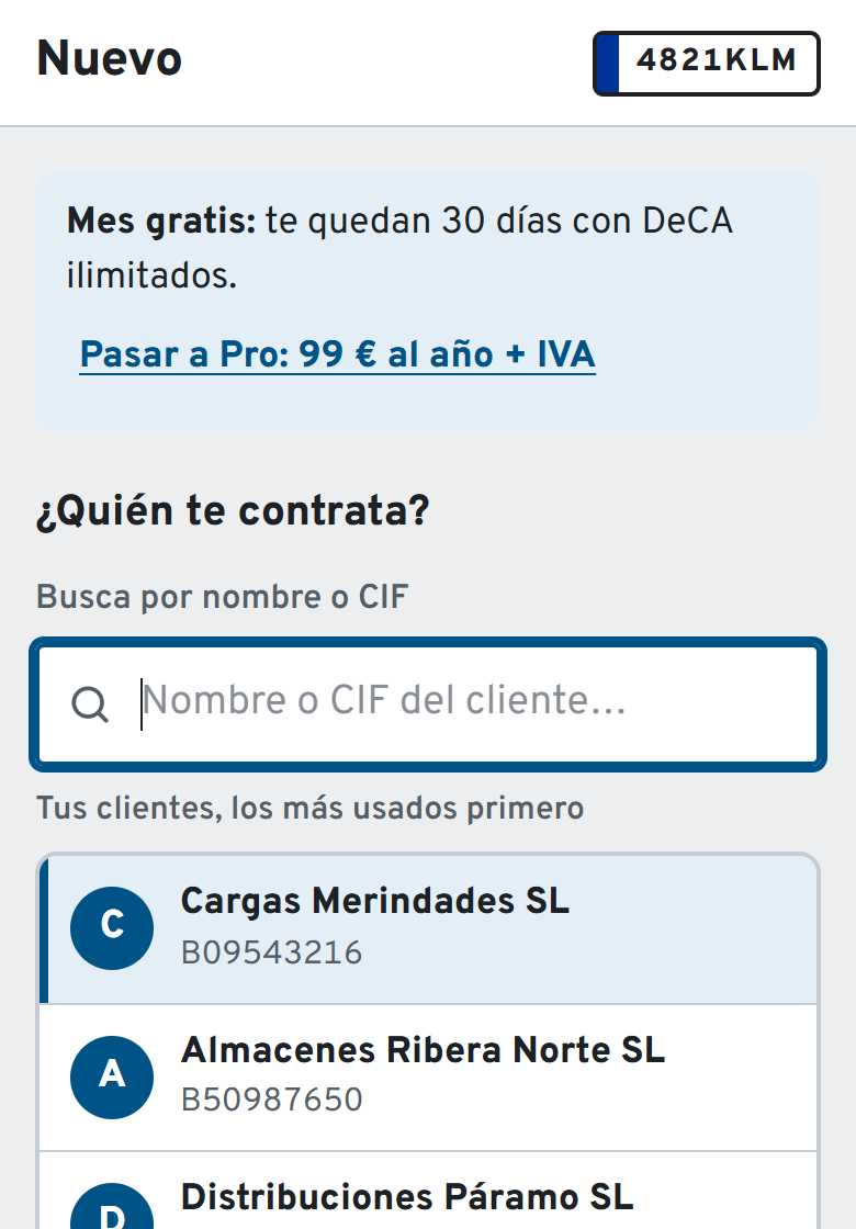 Buscador de clientes de la app con resultados por nombre y CIF