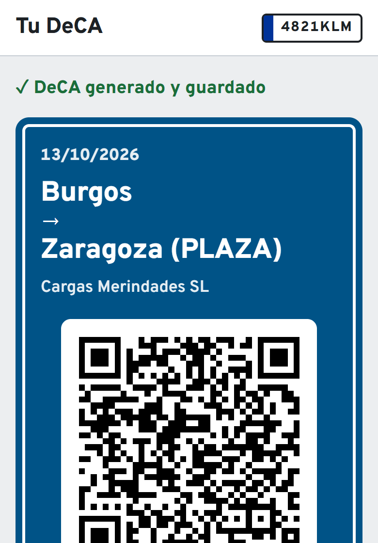 DeCA generado con el código QR y los botones para abrir y compartir el PDF