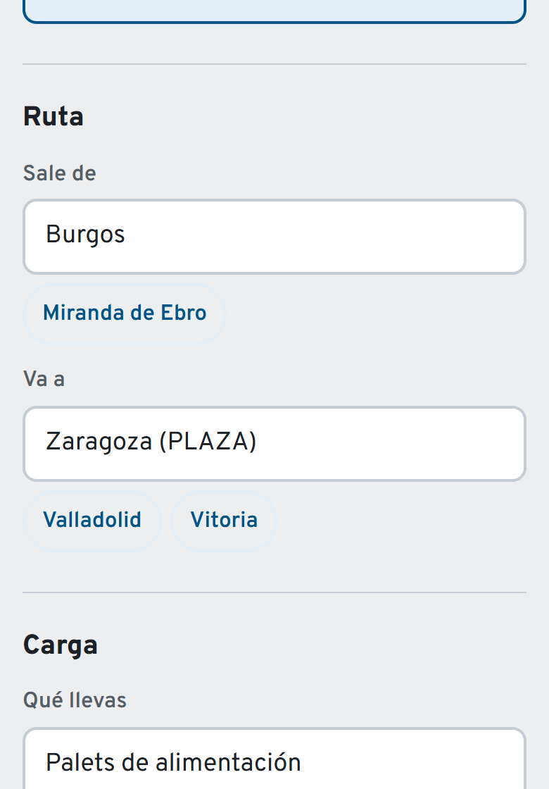 Formulario de la app con la ruta, la carga y las matrículas como placas